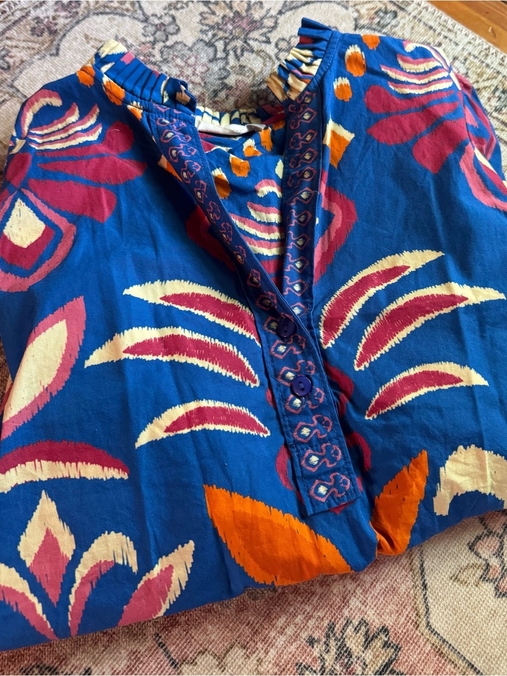 Maude Vivante Ashley Top in Cobalt Ikat Printed Long-Sleeve Blouse - Picture 3 of 6